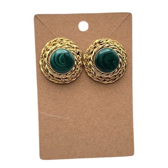 Green Cabochon Clip-On Vintage Earrings Gold Woven Statement Retro - Picture 3 of 5